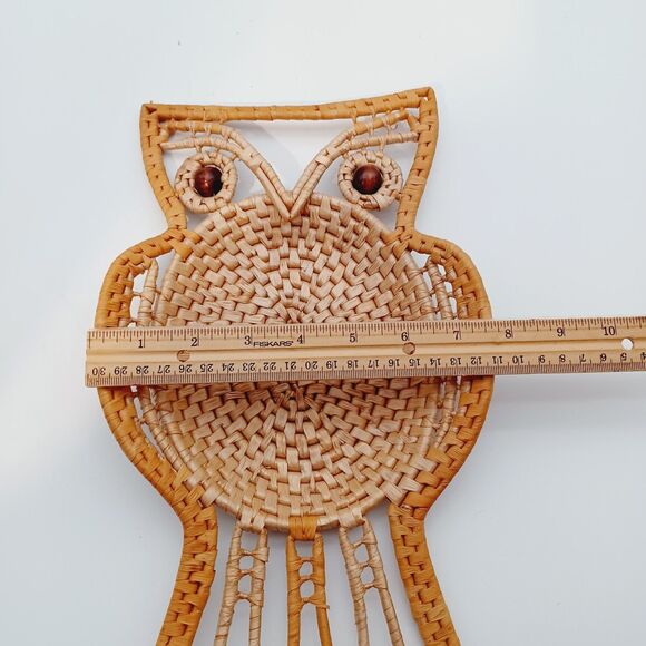 Vtg MCM OWL Rattan Raffia Boho Wall Trinket Table Decor Nature - Picture 8 of 8